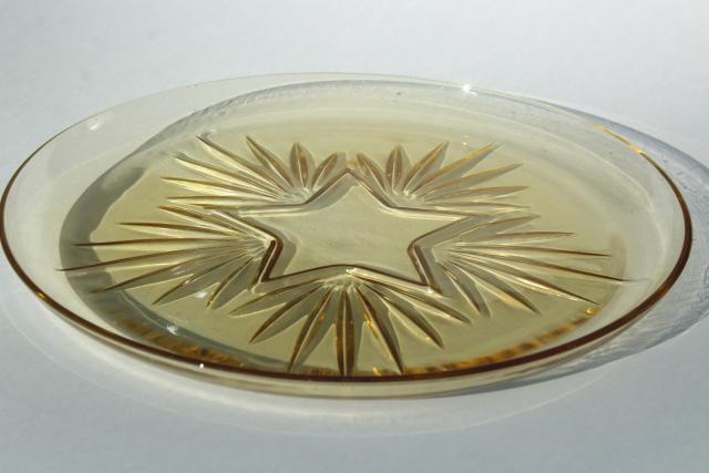 vintage Federal glass star pattern glass cake plate, amber yellow depression glass
