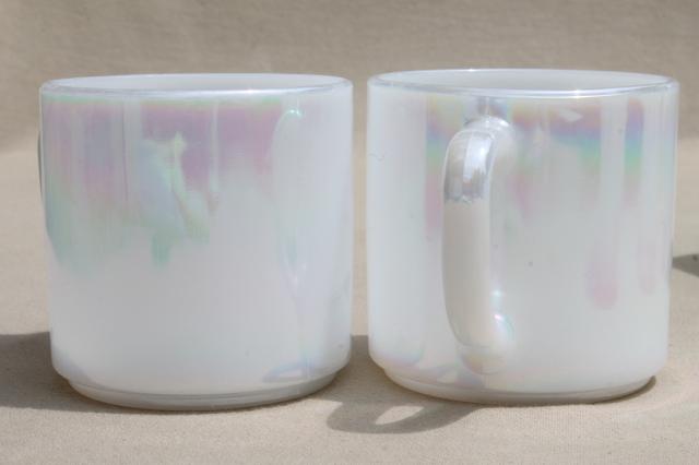 vintage Federal heat proof milk glass coffee mugs, moonglow opalescent luster set six cups