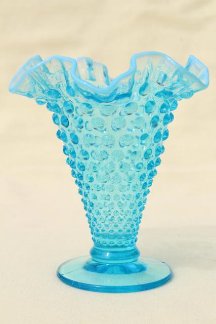 vintage Fenton blue opalescent glass, hobnail pattern crimped glass