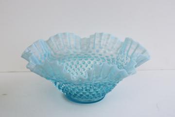 vintage Fenton blue opalescent hobnail glass brides basket bowl w/ crimped edge