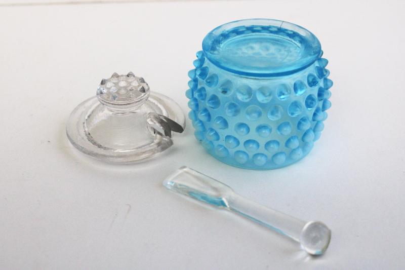 vintage Fenton blue opalescent hobnail jam pot w/ clear glass spreader & lid