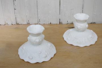 vintage Fenton cabbage rose milk glass candlesticks, pair of candle holders roses pattern