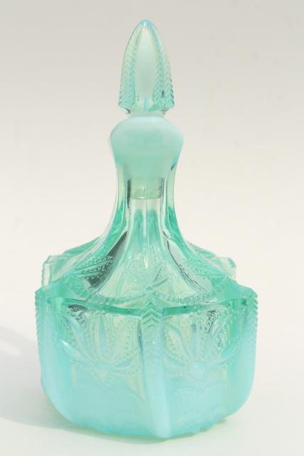 vintage Fenton cactus pattern cruet, green opalescent glass bottle & stopper
