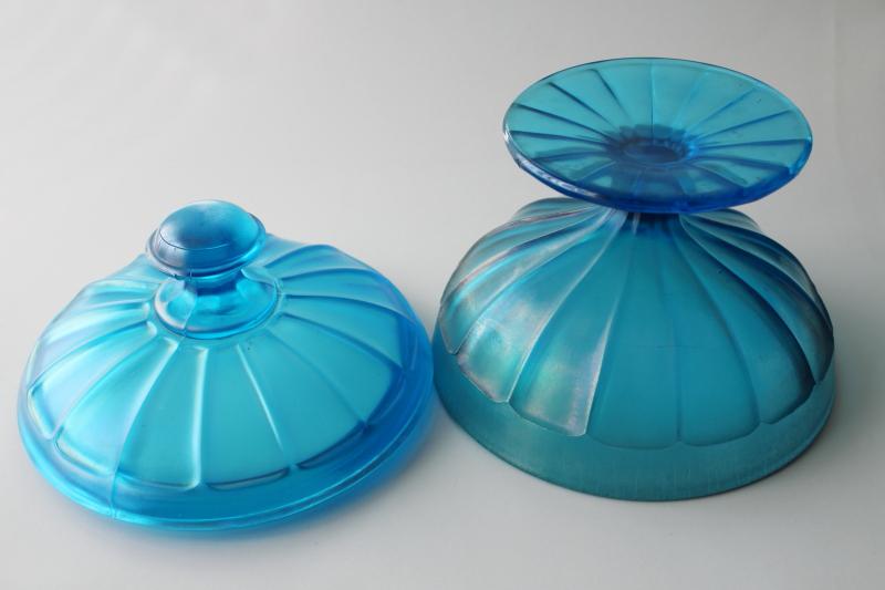 vintage Fenton celeste blue iridescent stretch glass candy dish w/ lid