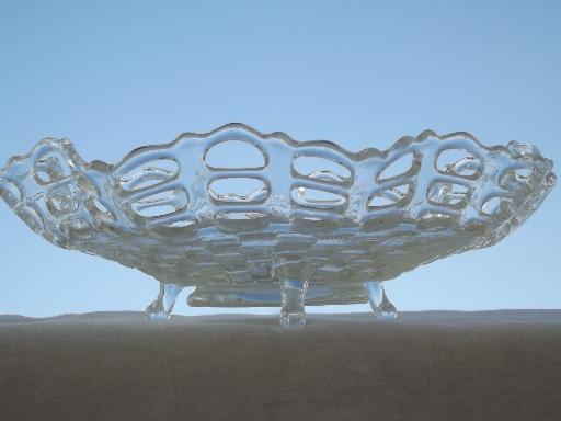 vintage Fenton clear pressed glass lace edge basket weave footed bowl 