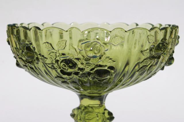 vintage Fenton colonial green glass rose compote bowl / candy dish