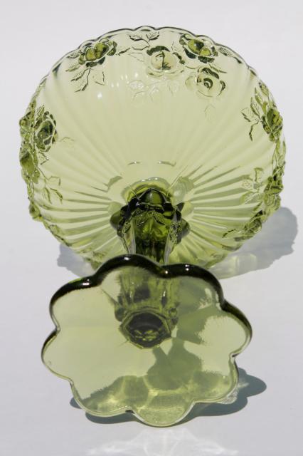 vintage Fenton colonial green glass rose compote bowl / candy dish