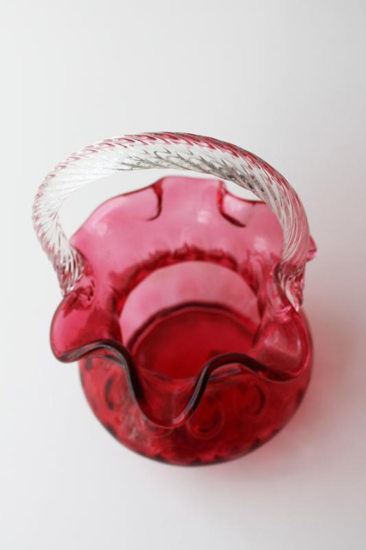 vintage Fenton cranberry glass basket, hand blown inverted thumbprint dot optic coin spot