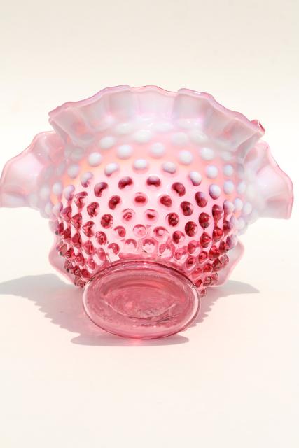 vintage Fenton cranberry opalescent hobnail glass bowl w/ crimped ruffle