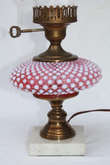 vintage Fenton cranberry opalescent hobnail glass table lamp w/ chimney shade