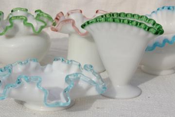 vintage Fenton crest milk glass vases collection, rose pink, aqua blue, emerald green 