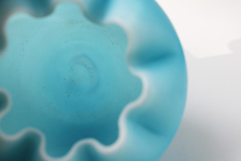 vintage Fenton crimped glass rose bowls, frosted satin glass ice blue white