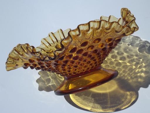 vintage Fenton footed bowl w/ ruffle, hobnail pattern amber glass