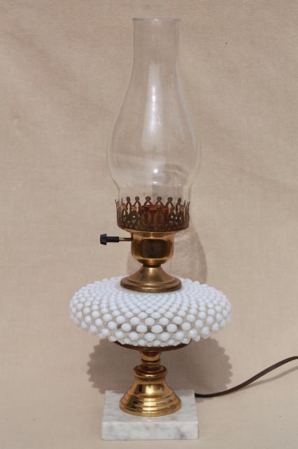 vintage Fenton french opalescent hobnail moonstone glass table lamp w/ chimney shade