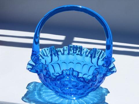 vintage Fenton glass thumbprint pattern brides flower basket, aqua blue color