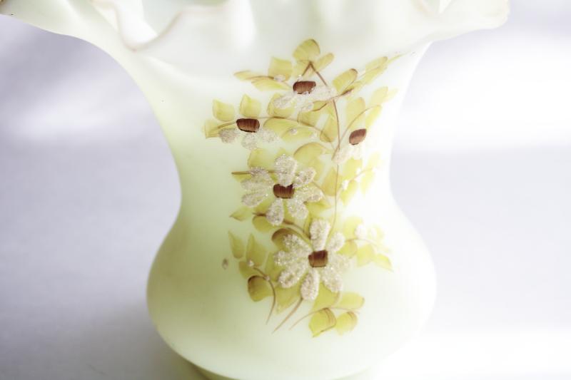 vintage Fenton hand painted daisies on yellow custard satin glass crimped vase