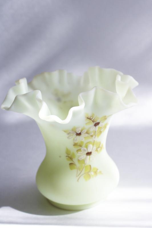 vintage Fenton hand painted daisies on yellow custard satin glass crimped vase