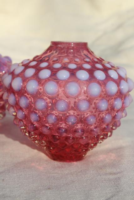 vintage Fenton hobnail cranberry opalescent glass lamps font shape lamp base pair