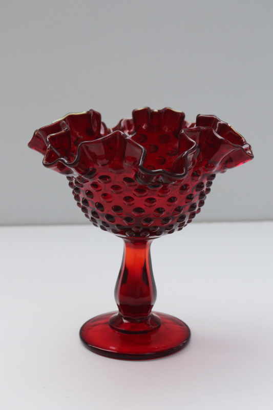 vintage Fenton hobnail glass compote candy dish, ruby red glass