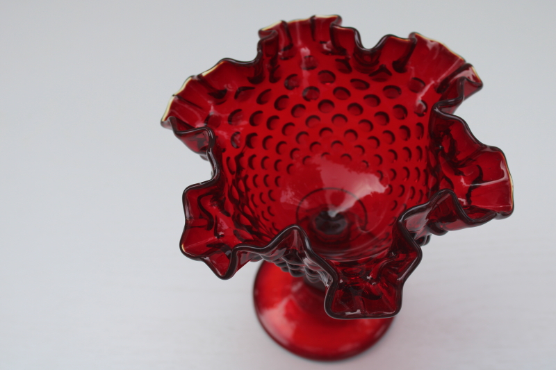 vintage Fenton hobnail glass compote candy dish, ruby red glass
