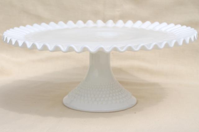 vintage Fenton hobnail milk glass cake stand, crimped ruffle rim pedestal plate