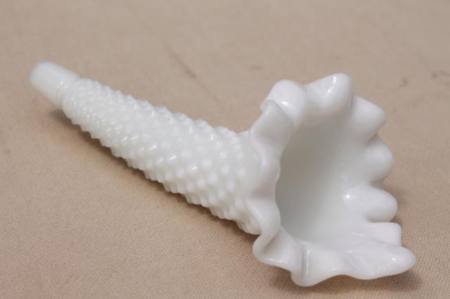 vintage Fenton hobnail milk glass epergne flower vase horn, small epergnette size