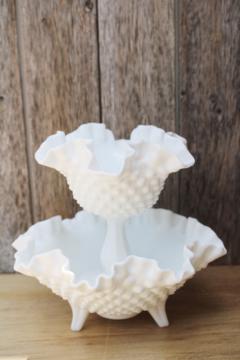 vintage Fenton hobnail milk glass, large flower bowl and tall candy dish