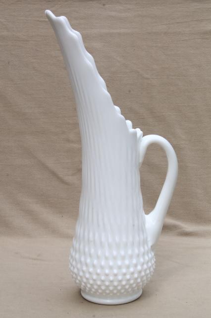 vintage Fenton hobnail milk glass, tall swung shape pitcher vase for long stemmed flowers