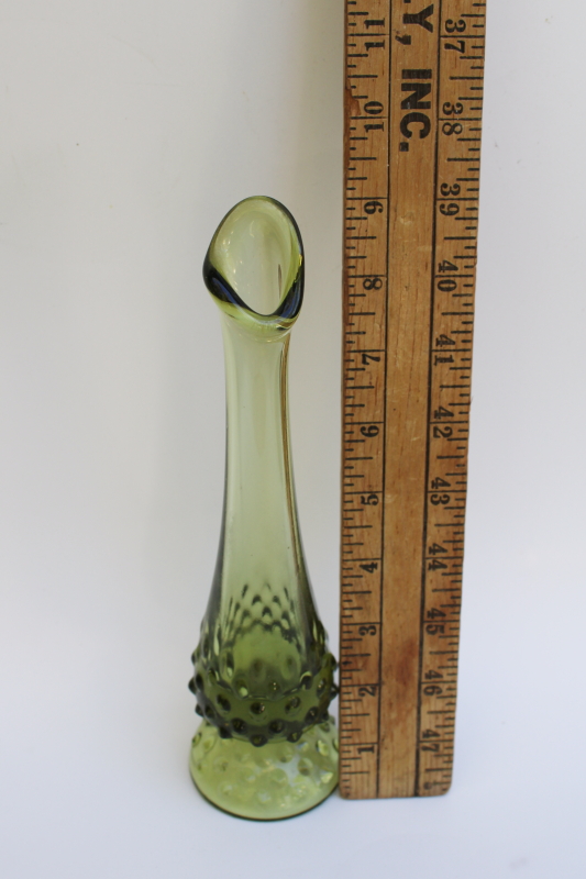 vintage Fenton hobnail pattern bud vase, mod swung shape vase avocado green