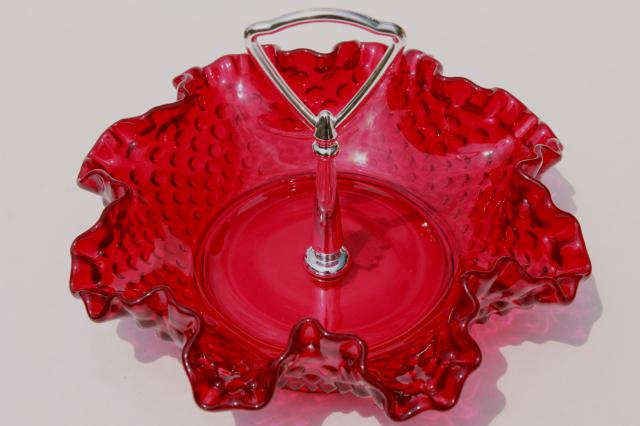 vintage Fenton hobnail ruby red glass crimped ruffle bowl, dish w/ center handle