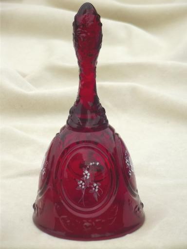 vintage Fenton label ruby red glass bell, hand painted & signed