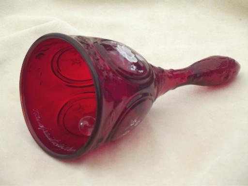 vintage Fenton label ruby red glass bell, hand painted & signed