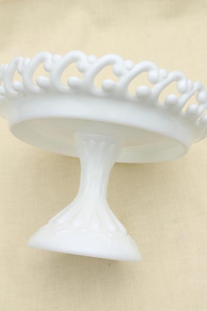 vintage Fenton milk glass compote bowl, lacy edge open lace pedestal candy dish