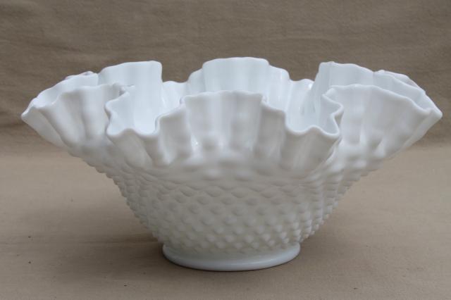 vintage Fenton milk glass crimped hobnail pattern bowl, large flower vase centerpiece