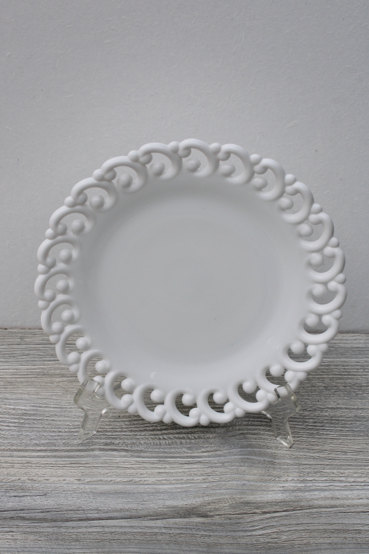 vintage Fenton milk glass dinner plate open lace edge reverse C scroll border