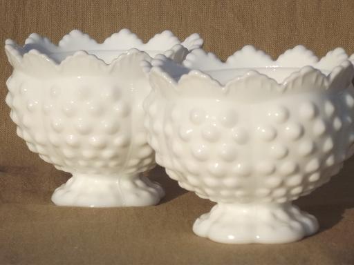 vintage Fenton milk glass hobnail candle holders, flower bowls & compotes
