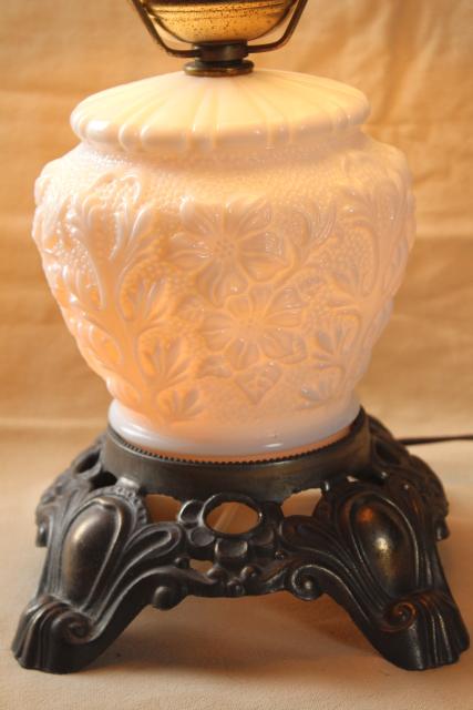 vintage Fenton milk glass lamp, poppy floral student lamp GWTW chimney shade
