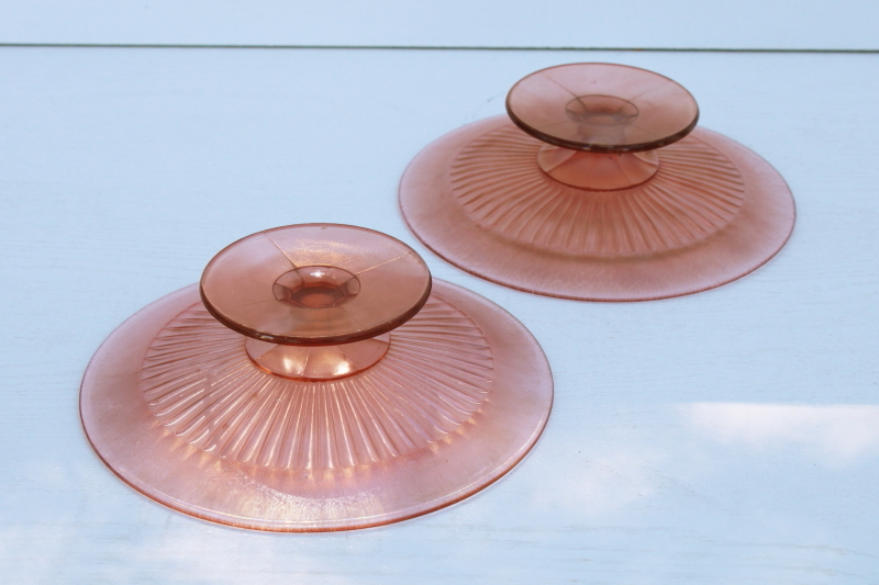vintage Fenton rose pink iridescent stretch glass, pair of small cake stands, compote or dessert plates