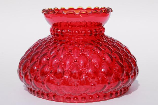 vintage Fenton ruby glass lampshade, quilted diamond pattern shade for student lamp