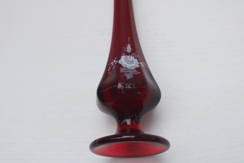 vintage Fenton ruby red glass bud vase, artist signed hand painted glass
