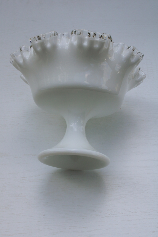 vintage Fenton silver crest milk glass compote candy dish, clear glass ruffled edge on white