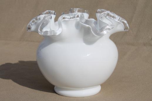 vintage Fenton silver crest milk glass rose bowl, double crimped ruffle edge vase