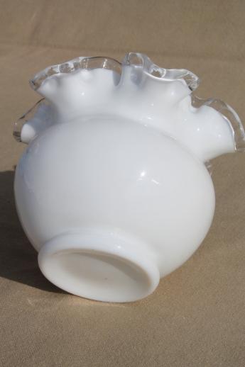 vintage Fenton silver crest milk glass rose bowl, double crimped ruffle edge vase