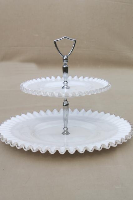 vintage Fenton silver crest milk glass, two tier cake stand, tiered plate serving tray