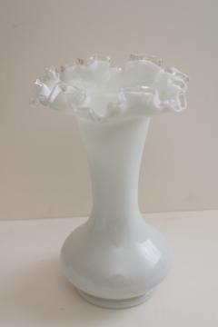 vintage Fenton silver crest milk glass vase, clear edge on white glass