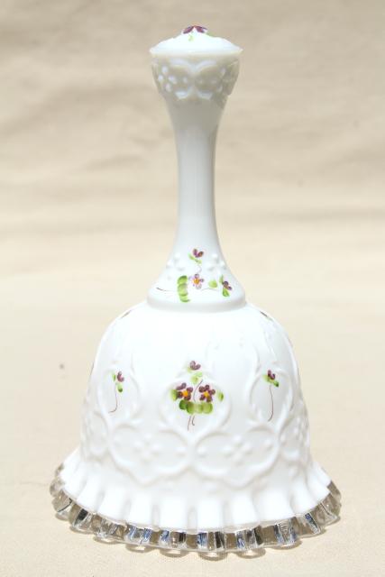 vintage Fenton silvercrest milk glass bell, hand painted violets in the snow