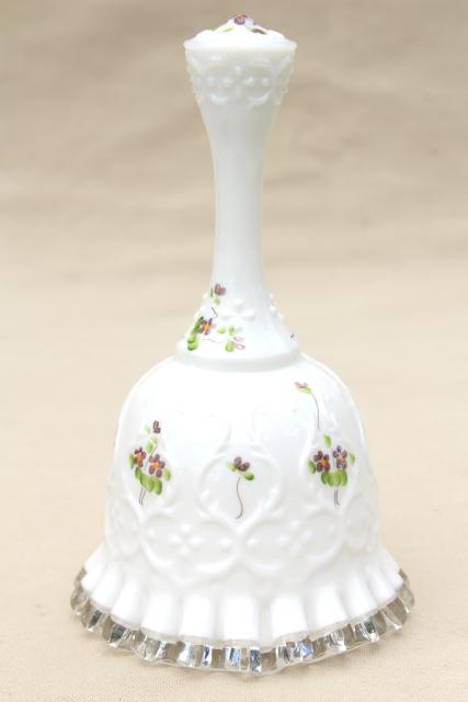 vintage Fenton silvercrest milk glass bell, hand painted violets in the snow