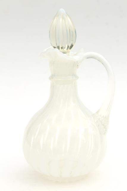 vintage Fenton spiral optic french opalescent white swirl ribbed glass cruet bottle 