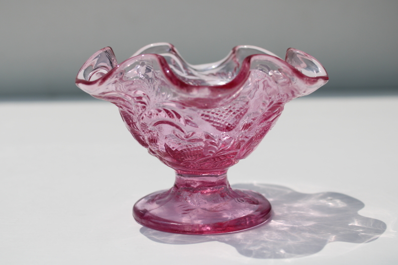 vintage Fenton strawberry pattern pink glass candy mint dish, ruffle edged footed bowl