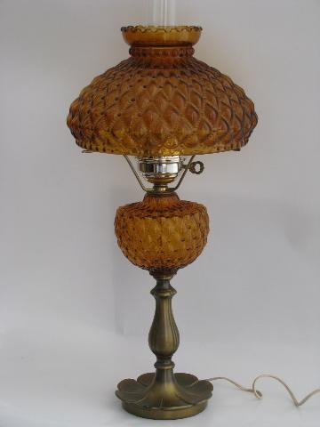 vintage Fenton student lamp for desk or table, amber glass quilted diamond shade